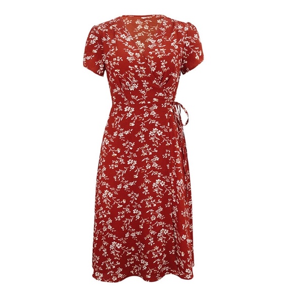 Red Floral Wrap Midi Dress - Picture 7 of 16
